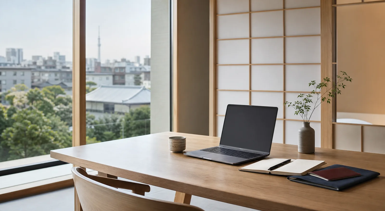 A calm Japanese workspace with a laptop, notebook, travel folder, and natural morning light.